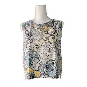 Zara Women’s White Floral Tank Sleeveless Scoop Neck Button Cotton Size Large
